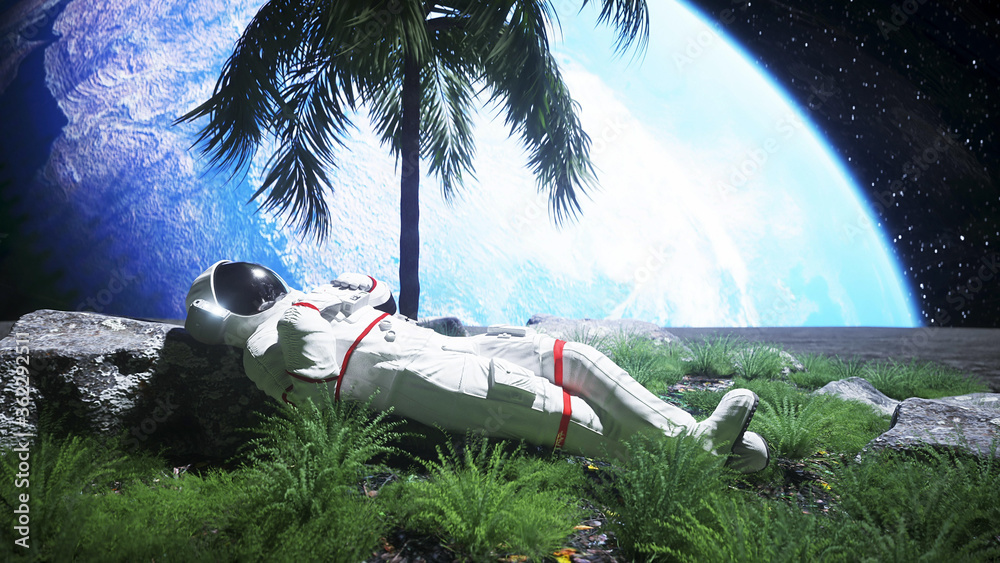 Wall mural astronaut idle on the moon oasis. 3d rendering.