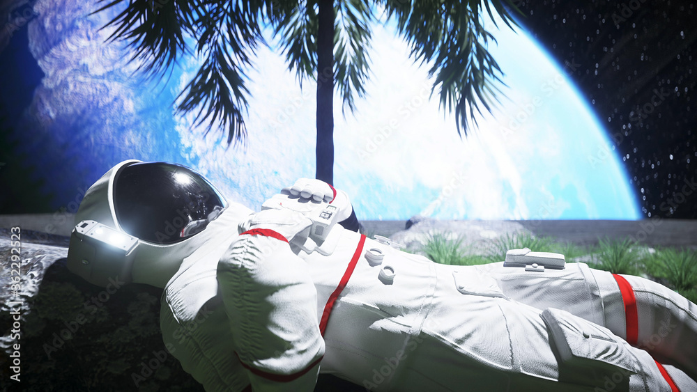Wall mural astronaut idle on the moon oasis. 3d rendering.