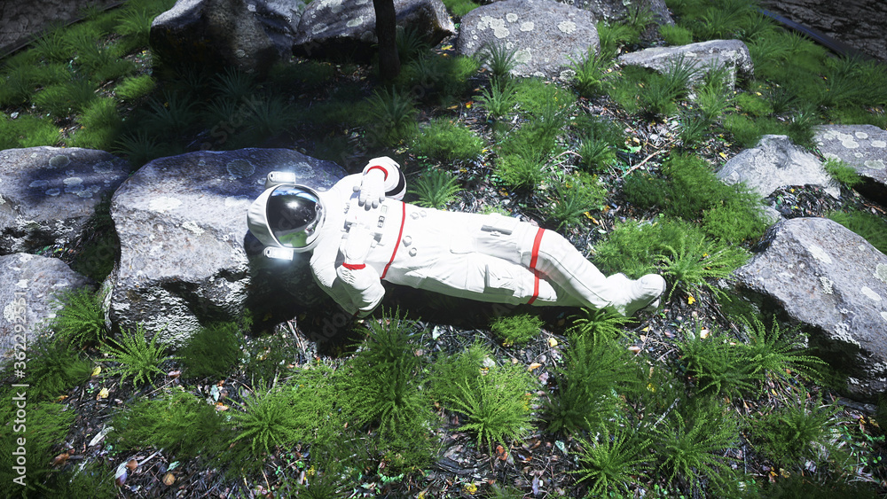 Wall mural astronaut idle on the moon oasis. 3d rendering.