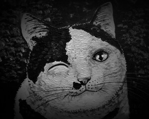 Art painting Acrylic color cute  cat   background From Thailand , black and white