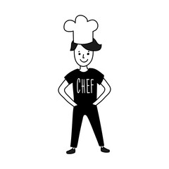 Chef in black uniform with a hat on his head.