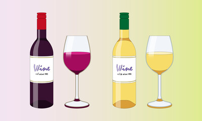 赤ワインと白ワイン　ボトルとグラス