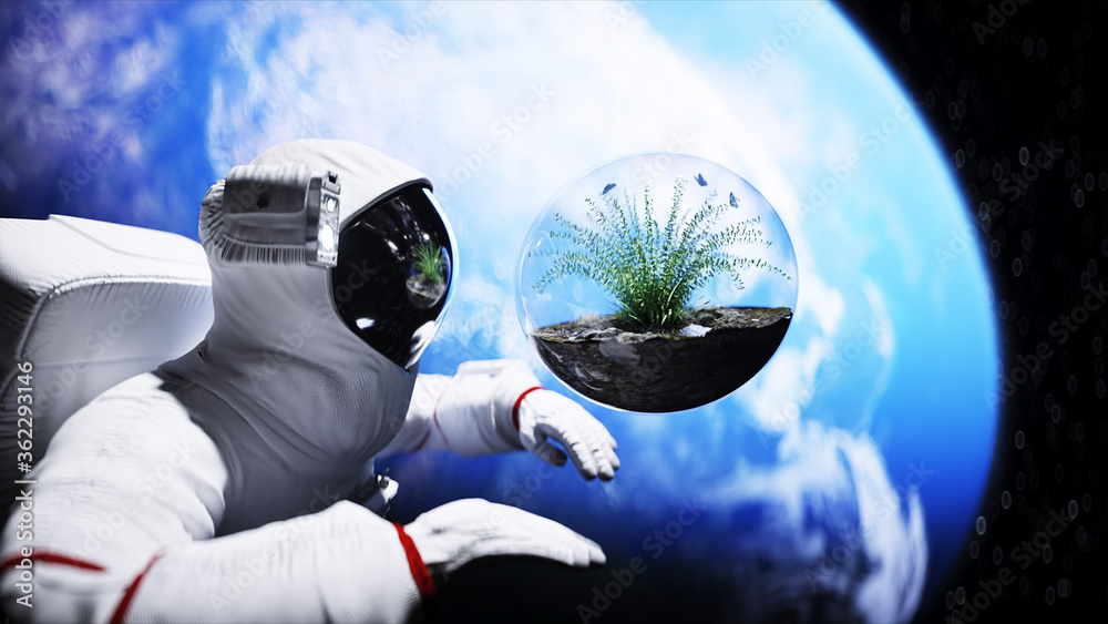 Wall mural astronaut and grass in glass sphere in outer space. ecology concept. 3d rendering.