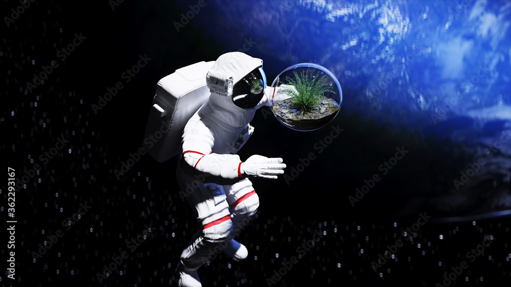 Wall mural astronaut and grass in glass sphere in outer space. ecology concept. 3d rendering.