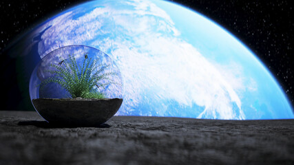 grass in glass sphere in outer space. Ecology concept. 3d rendering.