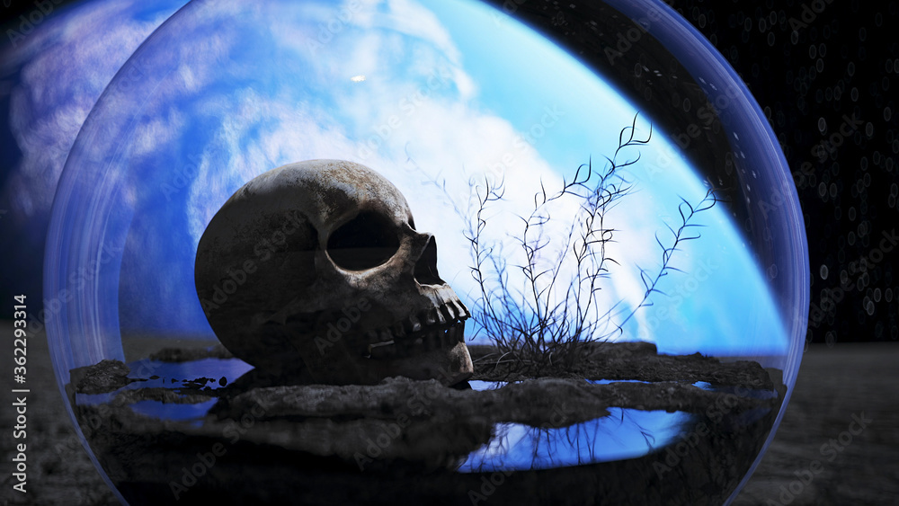 Wall mural skull in outer space in glass sphere. apocalypse concept. 3d rendering.
