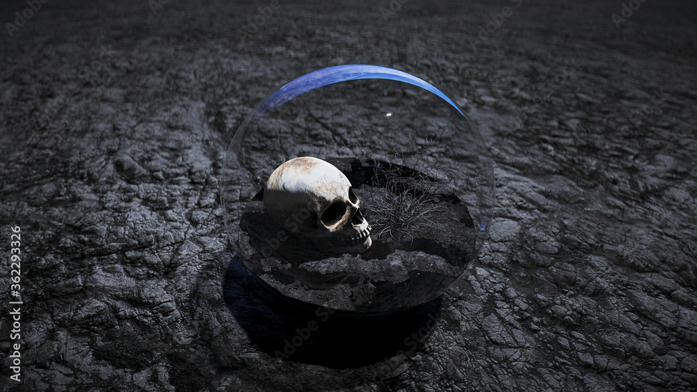 Wall mural skull in outer space in glass sphere. apocalypse concept. 3d rendering.
