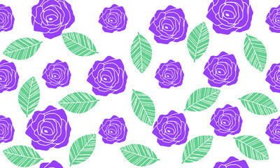 Roses and leaves. Floral ornament. Seamless pattern in violet and green colors. Summer print.