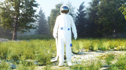 Astronaut idle in forest. Concept. 3d rendering.