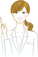 右の人差し指をあげポイントを説明する笑顔の白衣を着た女性のベクターイラスト