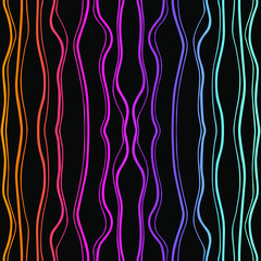 
Bright rainbow wavy lines on a black background. Contrast pattern. Neon colors. Seamless vector texture for wallpaper, textile, fabric.