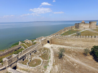 View of the Akkerman fortress from the drone which is on the bank of the Dniester estuary, in...