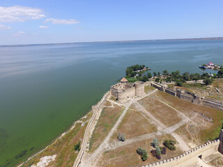 View of the Akkerman fortress from the drone which is on the bank of the Dniester estuary, in...