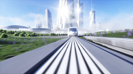 futuristic sci fi monorail train. Concept of future. Futuristic city background. Grass field. 3d rendering.