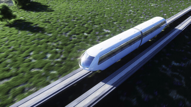 futuristic sci fi monorail train. Concept of future. Futuristic city background. Grass field. 3d rendering.