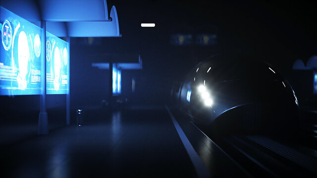 Sci Fi railway futuristic station. Future concept. Night view. 3d rendering