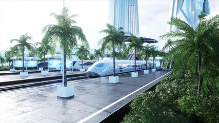 Sci Fi railway futuristic station. Future concept. Aerial view. 3d rendering