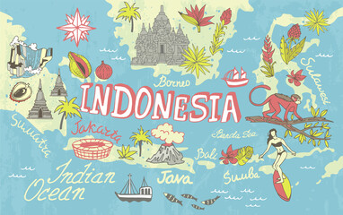 Obraz premium Illustrated tourist map of Indonesia. Attractions and national features of the country