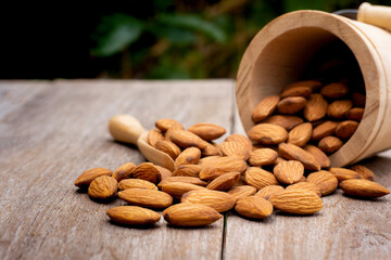 Almond nuts in wooden bucket and scoop isolated on rustic wood table with green nature blurred background.  