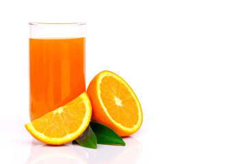 Closeup glass of fresh orange juice with slice of tangerine or mandarin orange fruit and  green leaf isolated on white background.