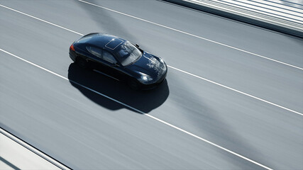 3d model of black sport car on the bridge. Very fast driving. 3d rendering.