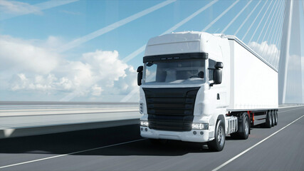 Fototapeta na wymiar 3d model of white truck on the bridge. 3d rendering.