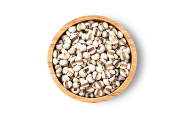 Closeup white Job's tears ( Adlay millet or  pearl millet ) in wooden bowl isolated on white background with clipping path, Top view.  Flat lay.