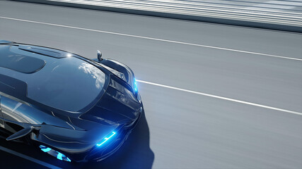 Fototapeta na wymiar 3d model of black futuristic car on the bridge. Very fast driving. Concept of future. 3d rendering.