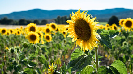 Scenic sunflower field in the Tuscan countryside at sunset on an early summer day