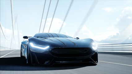 3d model of black futuristic car on the bridge. Very fast driving. Concept of future. 3d rendering.