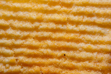 Background with a close-up of the surface of potato chips with a strong increase in soft focus. Corrugated surface with crumbs and drops of oil.