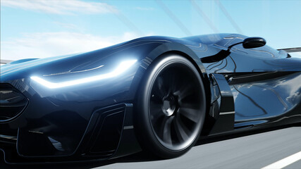 Fototapeta na wymiar 3d model of black futuristic car on the bridge. Very fast driving. Concept of future. 3d rendering.