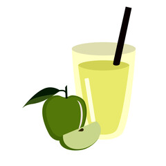 Green apples ( granny smith ) with glass of apple juice isolated on white. icon vector illustration.