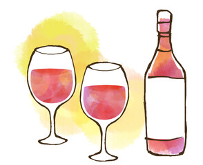 ワインボトル　赤ワイン　グラス　イラスト素材　水彩風