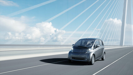 3d model of electric car on the bridge, very fast driving. Ecology concept. 3d rendering.