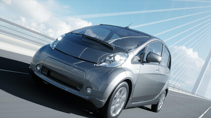 Plakat 3d model of electric car on the bridge, very fast driving. Ecology concept. 3d rendering.