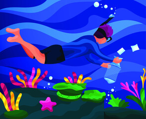 Divers swimming underwater take plastic trash, preserve the beauty of coral reefs, an illustration to commemorate world oceans day