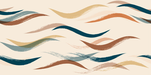 Naadloze golfpatroon, Hand getrokken water zee moderne vector achtergrond. Golvende strand penseelstreek, krullende grunge verflijnen, aquarel illustratie