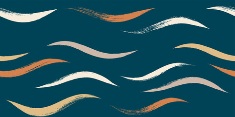 Seamless Wave Pattern, Hand drawn water sea modern vector background. Wavy beach brush stroke, curly grunge paint lines, watercolor illustration