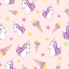Ice cream and unicorn seamless pattern on pastel pink background