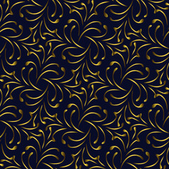 Seamless abstract pattern with golden elements on a blue background, ornament, modern concept for your design.