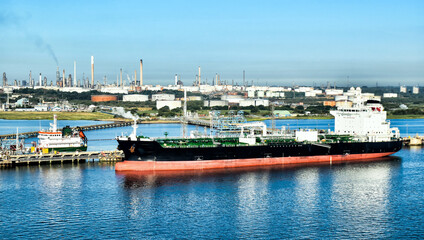 Tankers have moored at the pier of a refinery in Fawley (United Kingdom)