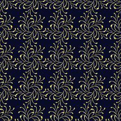 Seamless abstract pattern with golden elements on a blue background, ornament, modern concept for your design.