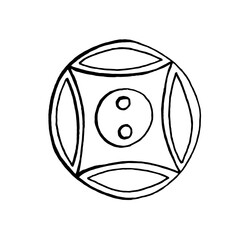 Hand-drawn button. Black and white vector image. Idea for logo, tag, icon, print, coloring. Isolated on white backgroun