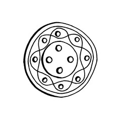 Hand-drawn button universe. Black and white vector image. Idea for logo, tag, icon, print, coloring. Isolated on white background