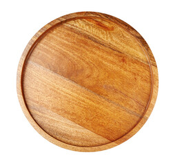 Round wooden board isolated on white background. Top view of chopping board.