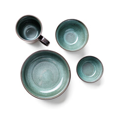 Set of blue dishes isolated on white background.