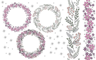 vector illustration, wreaths of wildflowers and their elements, seamless brush