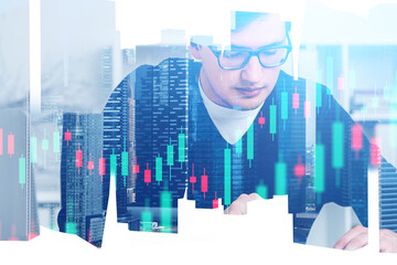 Trader in glasses in city office, financial chart