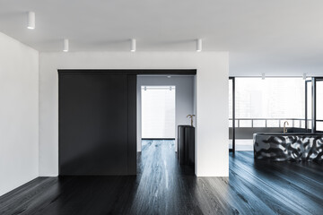 White and black bathroom, balcony and round sink